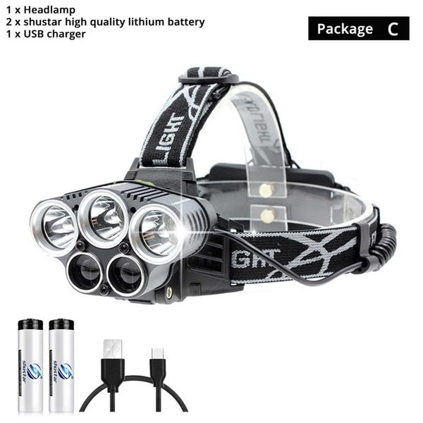LED Rechargeable 15000 Lumen Headlamp With 5 white Light Options or 3 White + 2 Blue