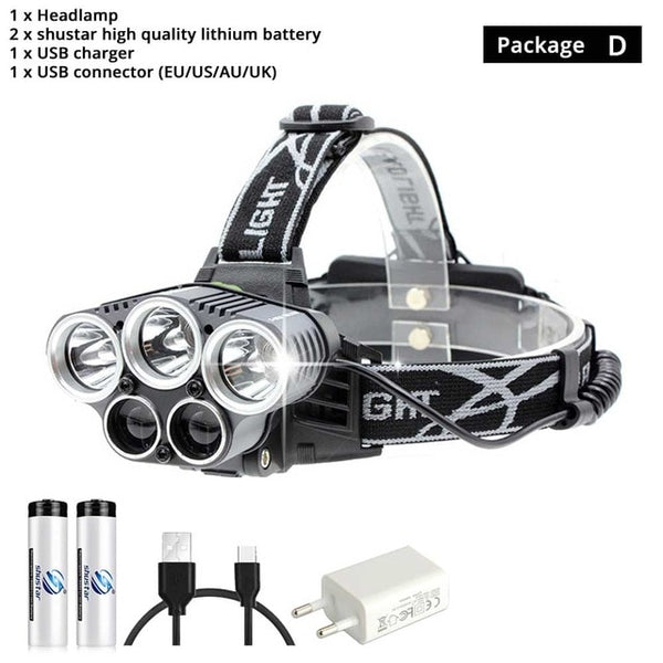LED Rechargeable 15000 Lumen Headlamp With 5 white Light Options or 3 White + 2 Blue